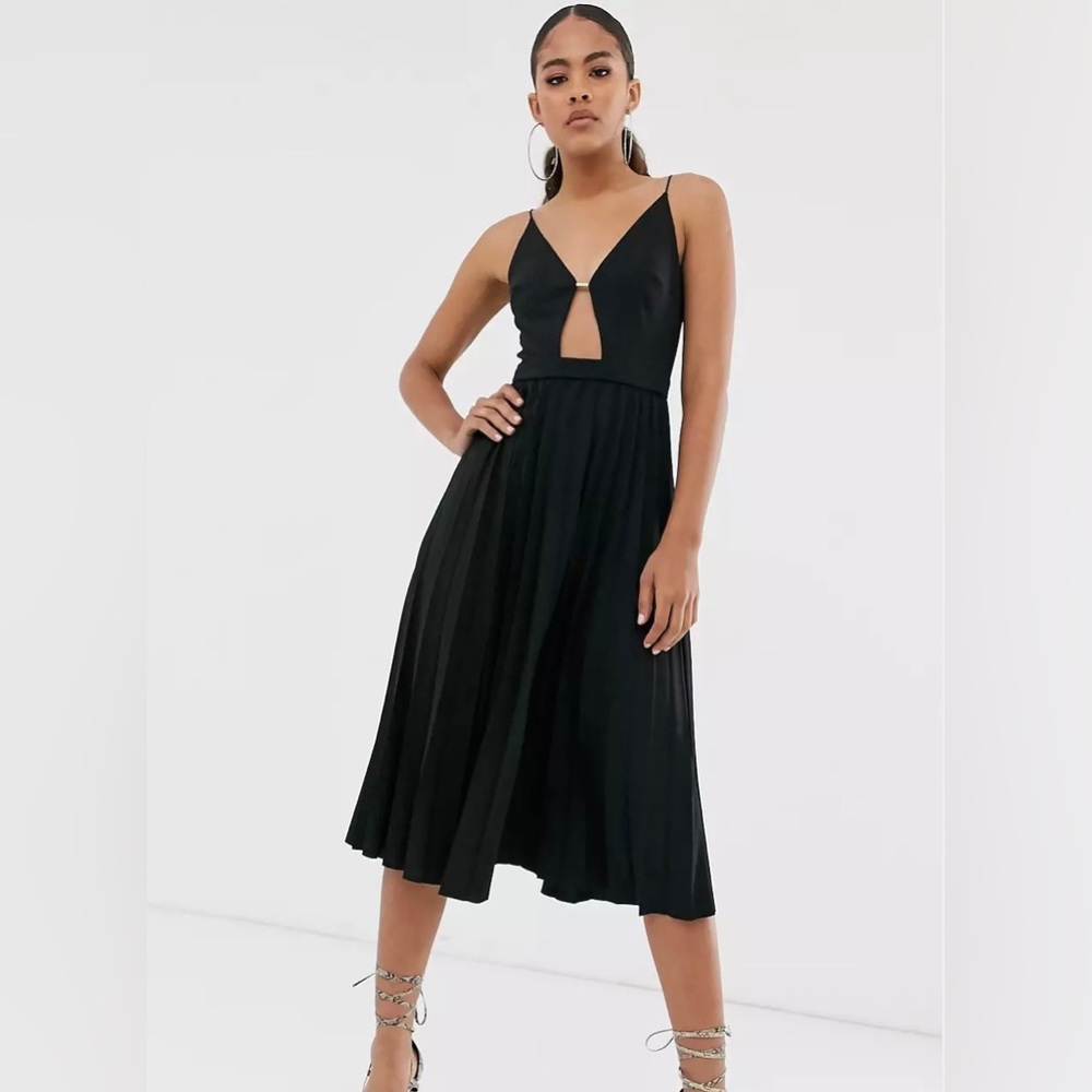 ASOS DESIGN 6 Tall Black Cocktail Sleeveless pleated midi dress cutout keyhole